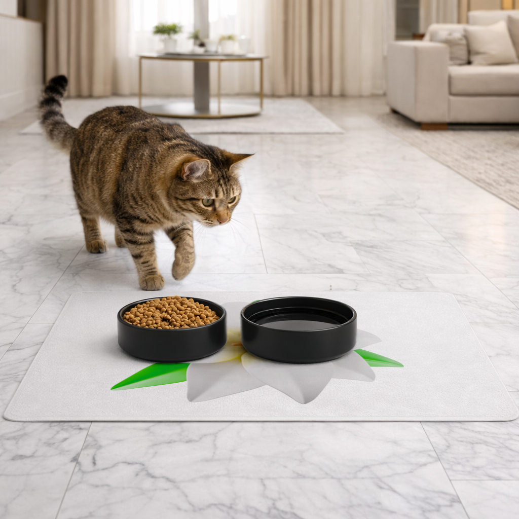 3D White Lily Flower Illustration Pet Feeding Mat