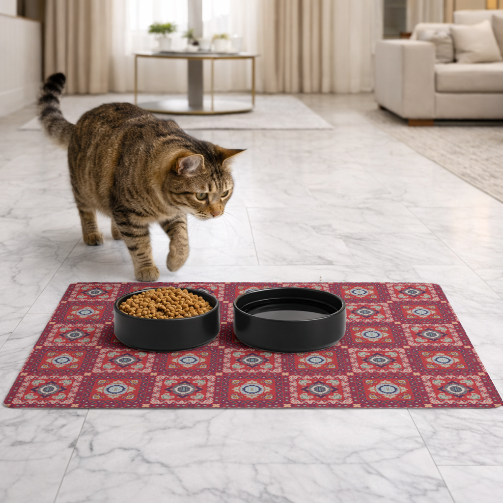Geleneksel Kilim Motifli Kırmızı Etnik Geometrik Desen Evcil Hayvan Besleme Matı
