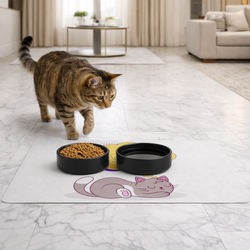 Gece Koşusu Planlayan Kedi İllüstrasyonu Evcil Hayvan Besleme Matı
