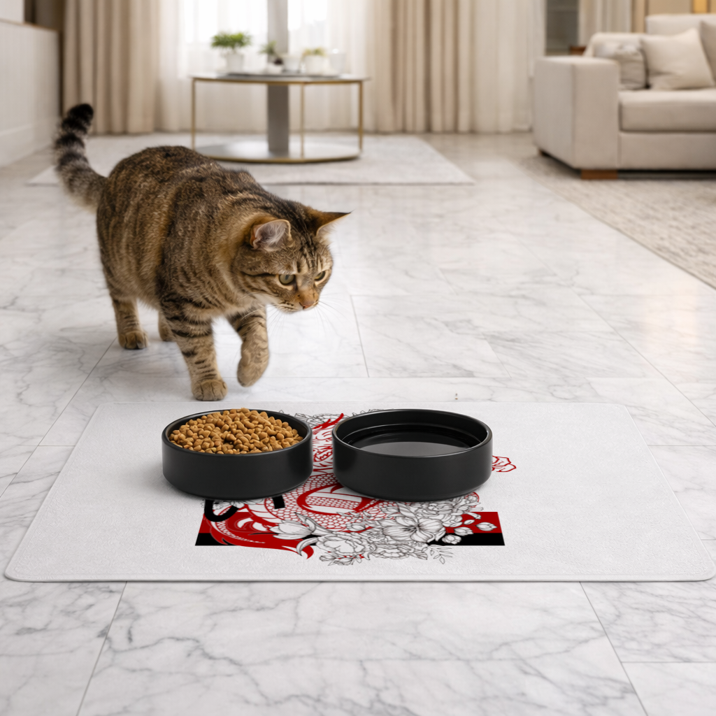 Japanese Dragon with Floral Design Pet Feeding Mat