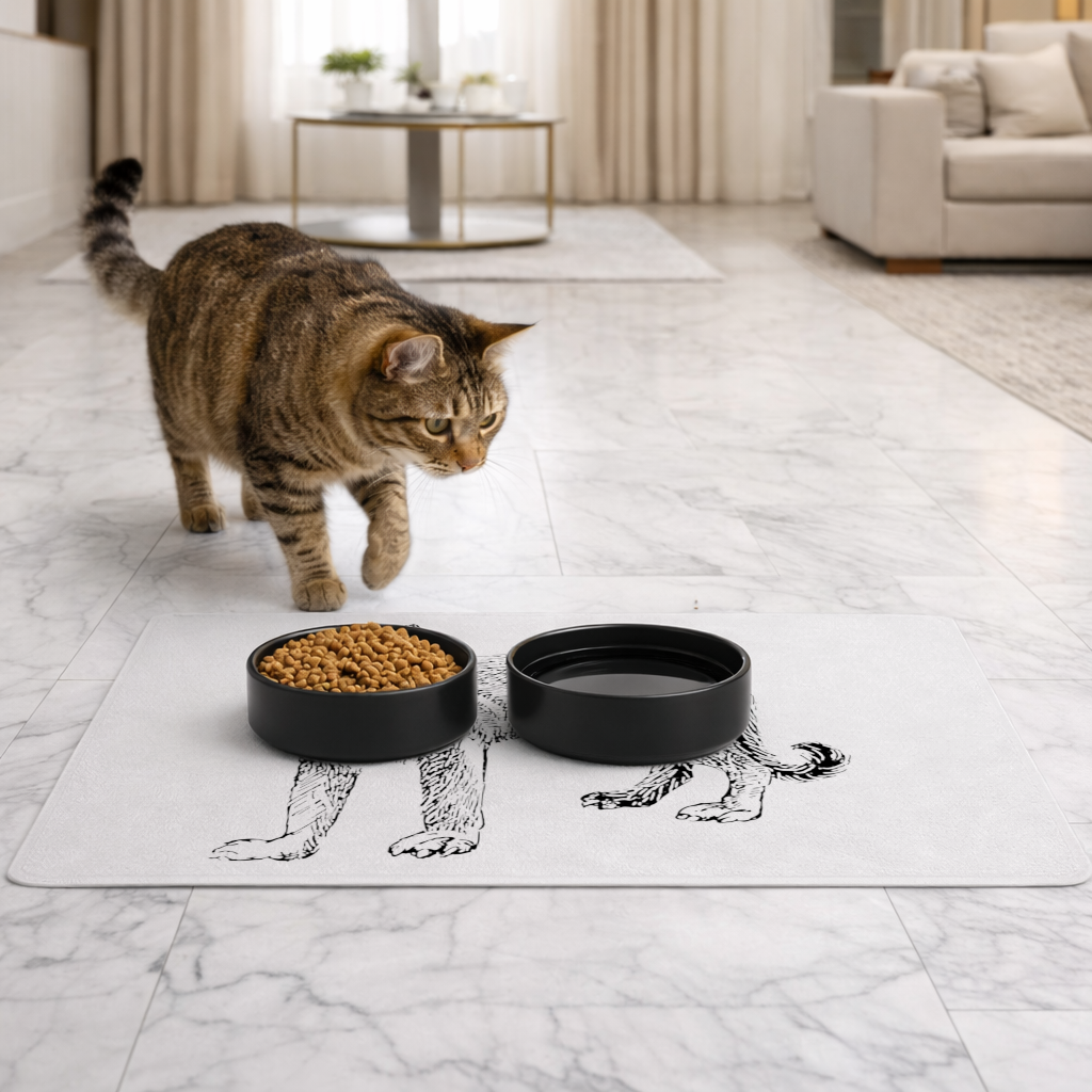 Black and White Wild Cat Sketch Illustration Pet Feeding Mat
