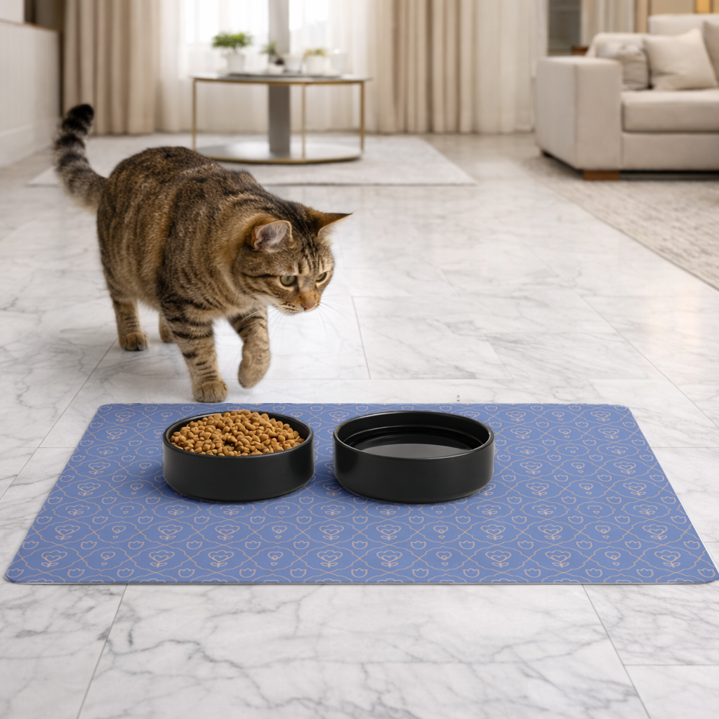 Orange Linear Floral Pattern on Blue Pet Feeding Mat