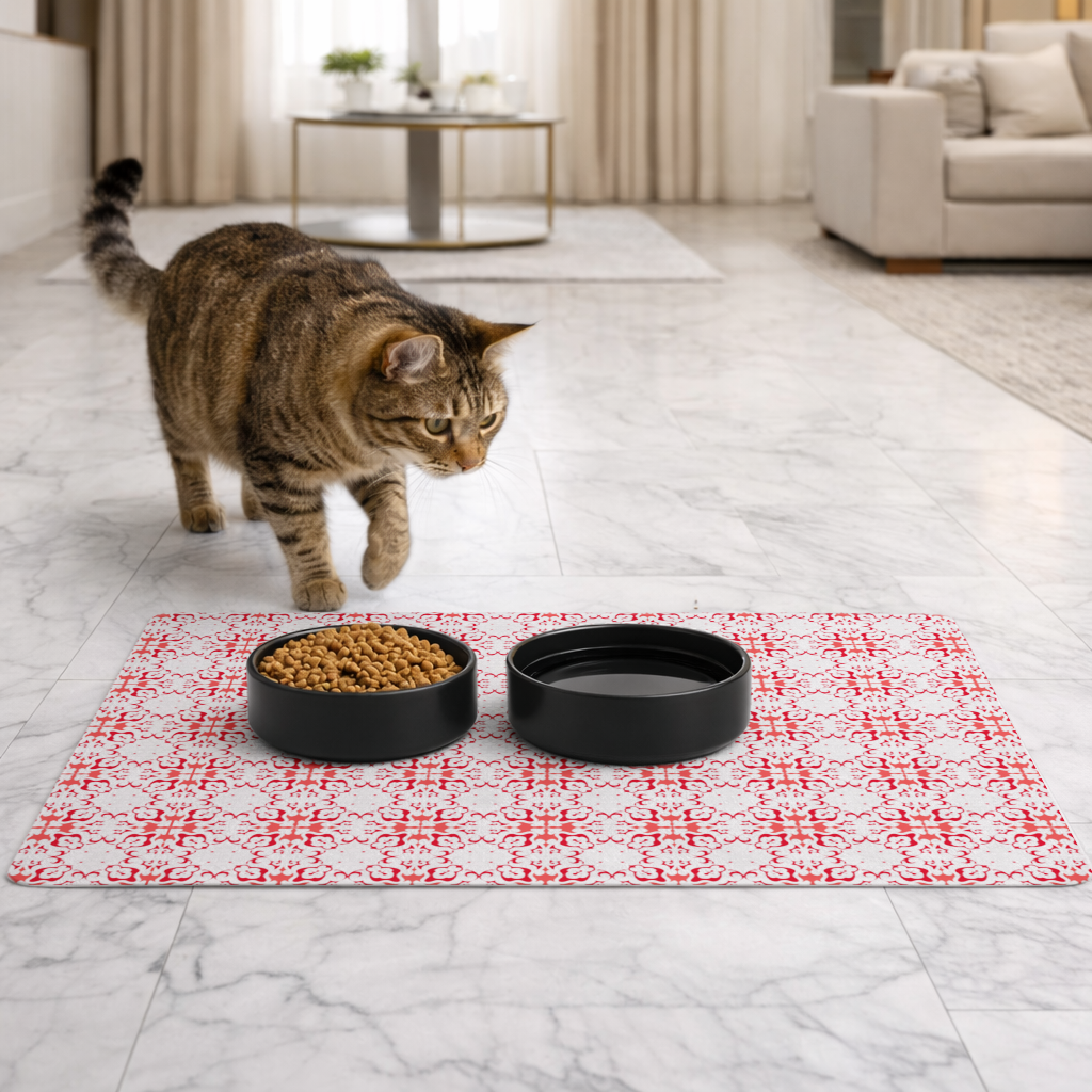Red and White Traditional Tile Style Pattern Pet Feeding Mat