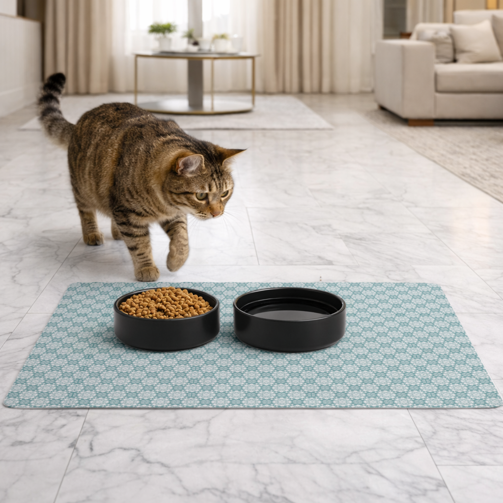 Blue Pixelated Geometric Ornament Pattern Pet Feeding Mat