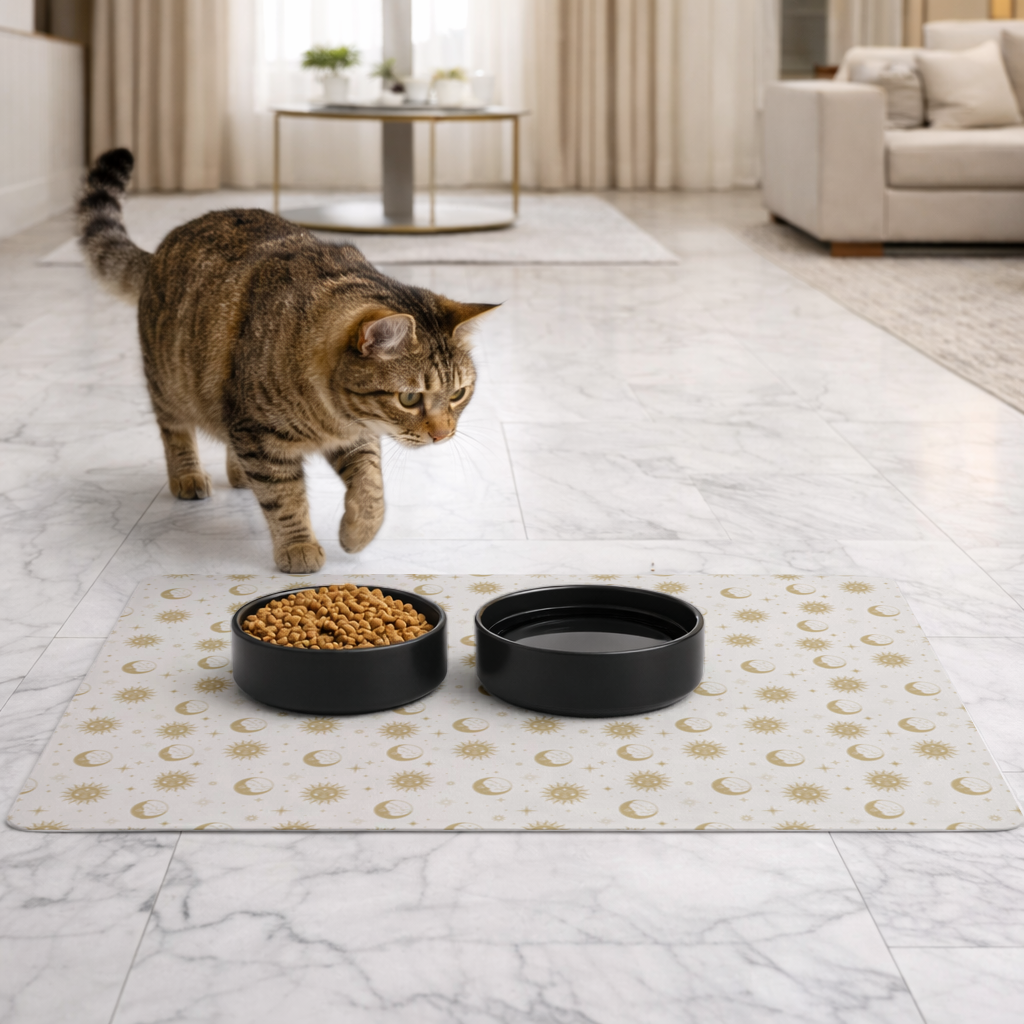 Golden Sun and Moon Mystical Pattern Pet Feeding Mat