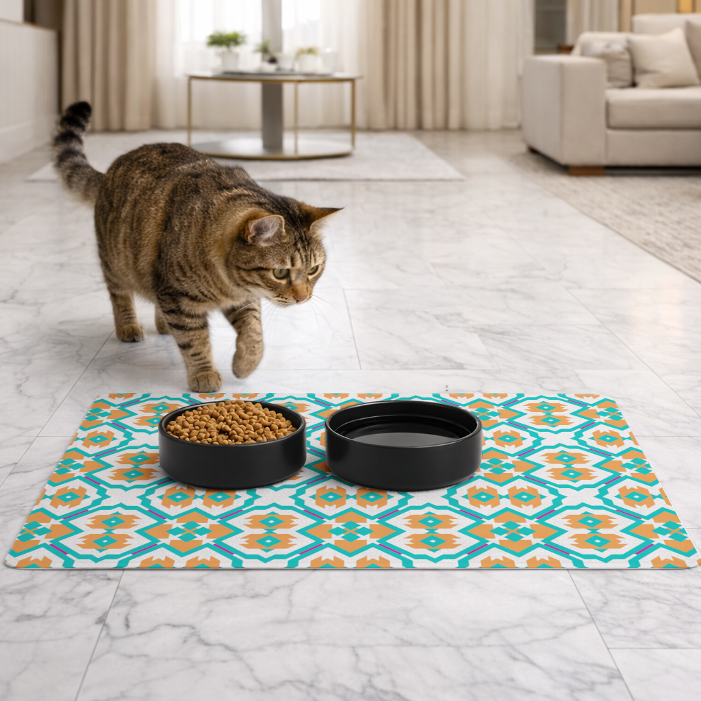 Orange and Turquoise Geometric Pattern Pet Feeding Mat