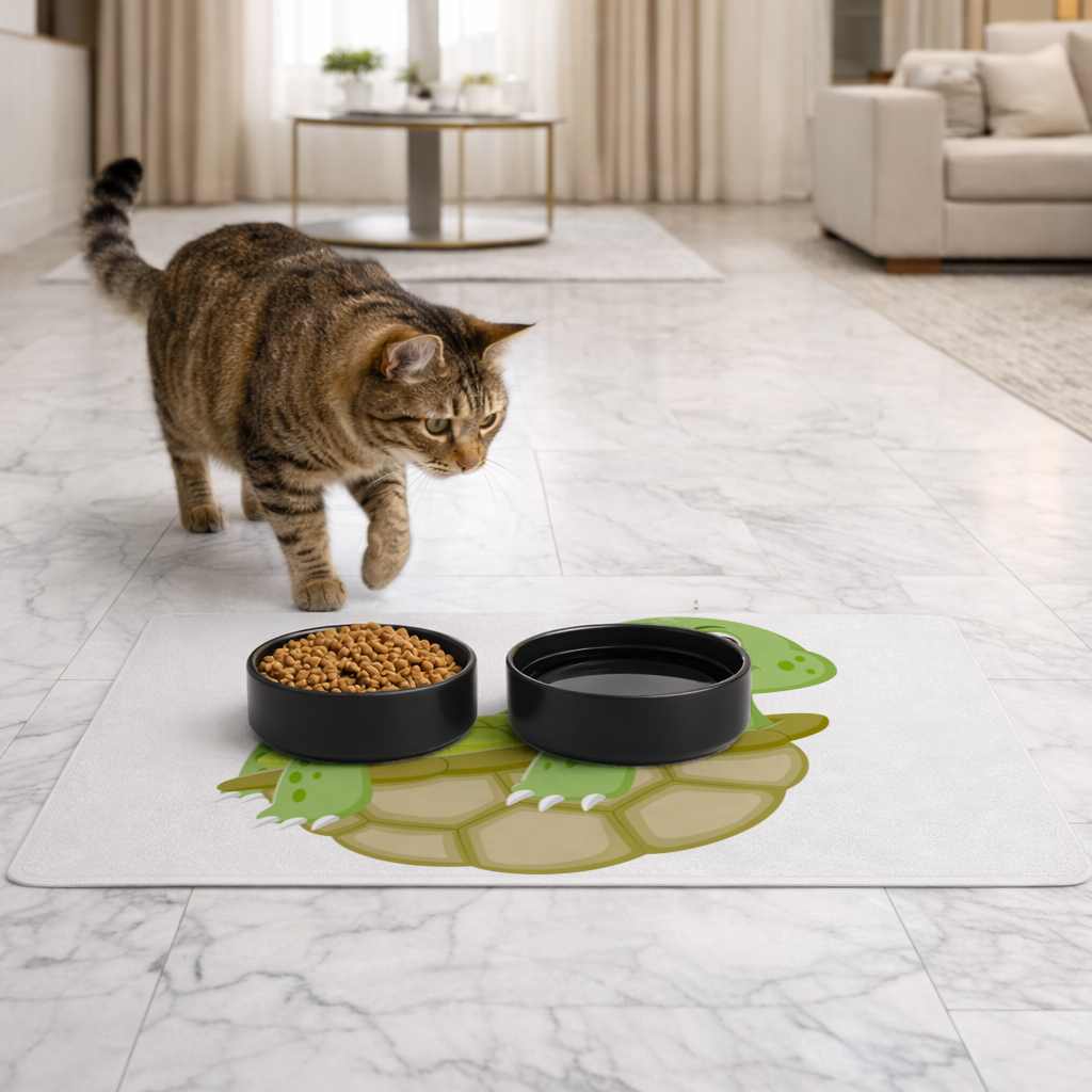 Happy Smiling Green Turtle in Shell Pet Feeding Mat