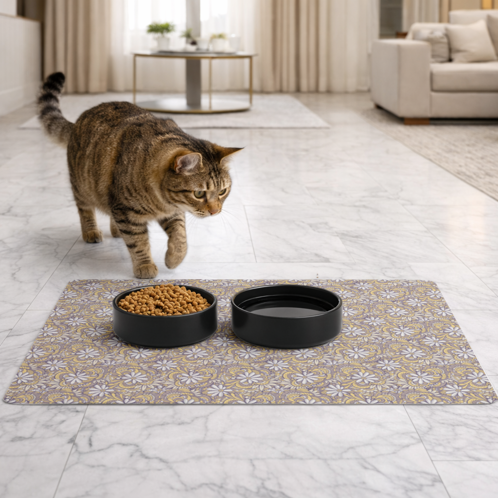 Retro Floral Doodle and Mandala Pattern Pet Feeding Mat