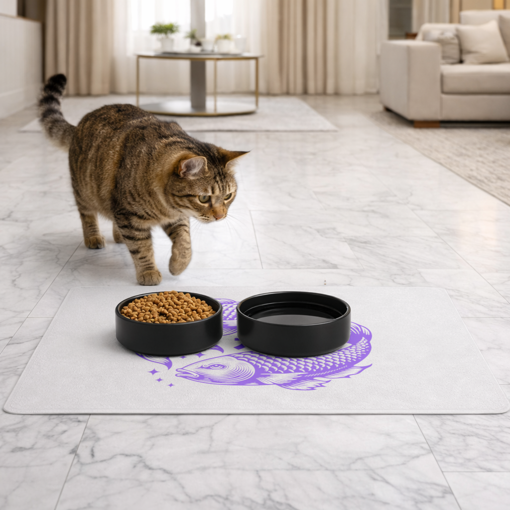 Pisces Zodiac Symbol with Purple Fish Art Pet Feeding Mat