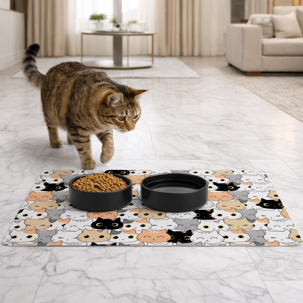 Colorful Cute Cat Faces Seamless Pattern Pet Feeding Mat