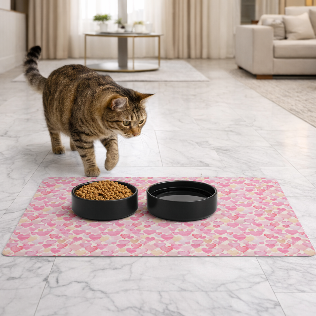 Watercolor Pink Hearts Pet Feeding Mat