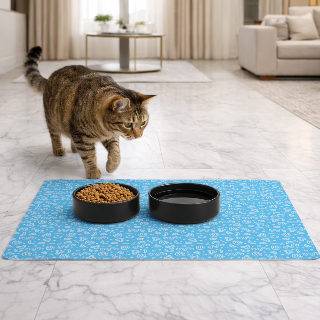 Blue Abstract Doodle Pet Feeding Mat