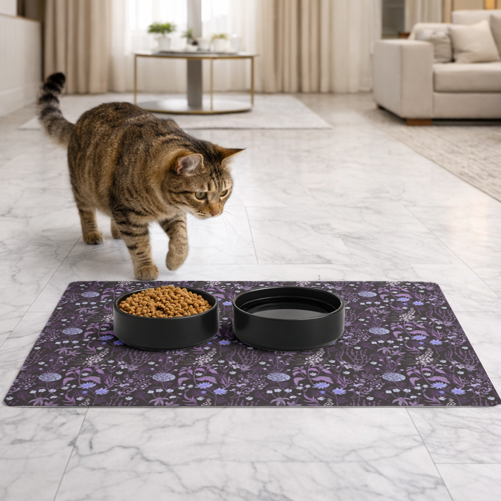 Purple Gothic Botanical Pet Feeding Mat