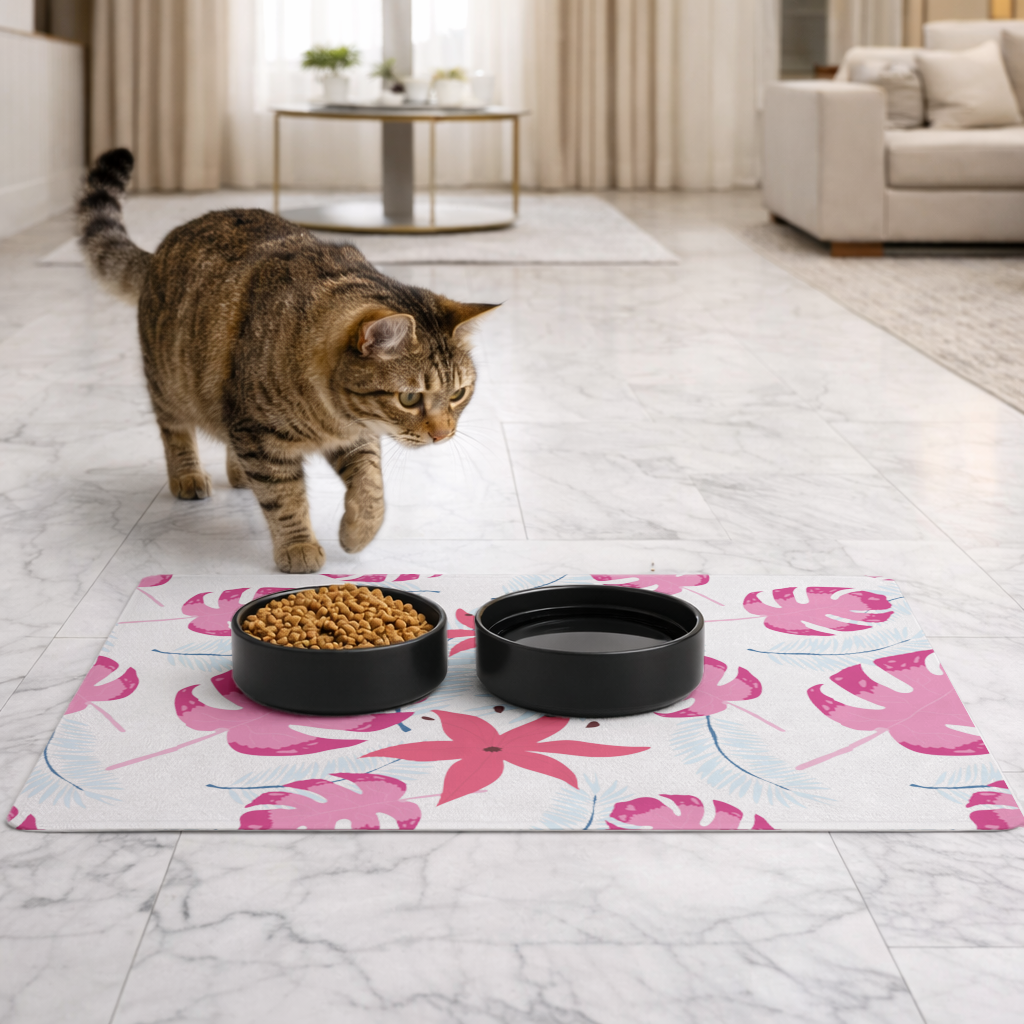 Pink Monstera and Tropical Lily Pet Feeding Mat