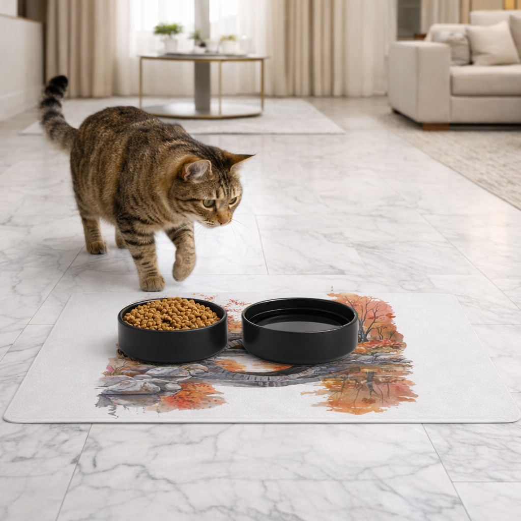 Autumn Stone Arch Bridge Over River Pet Feeding Mat