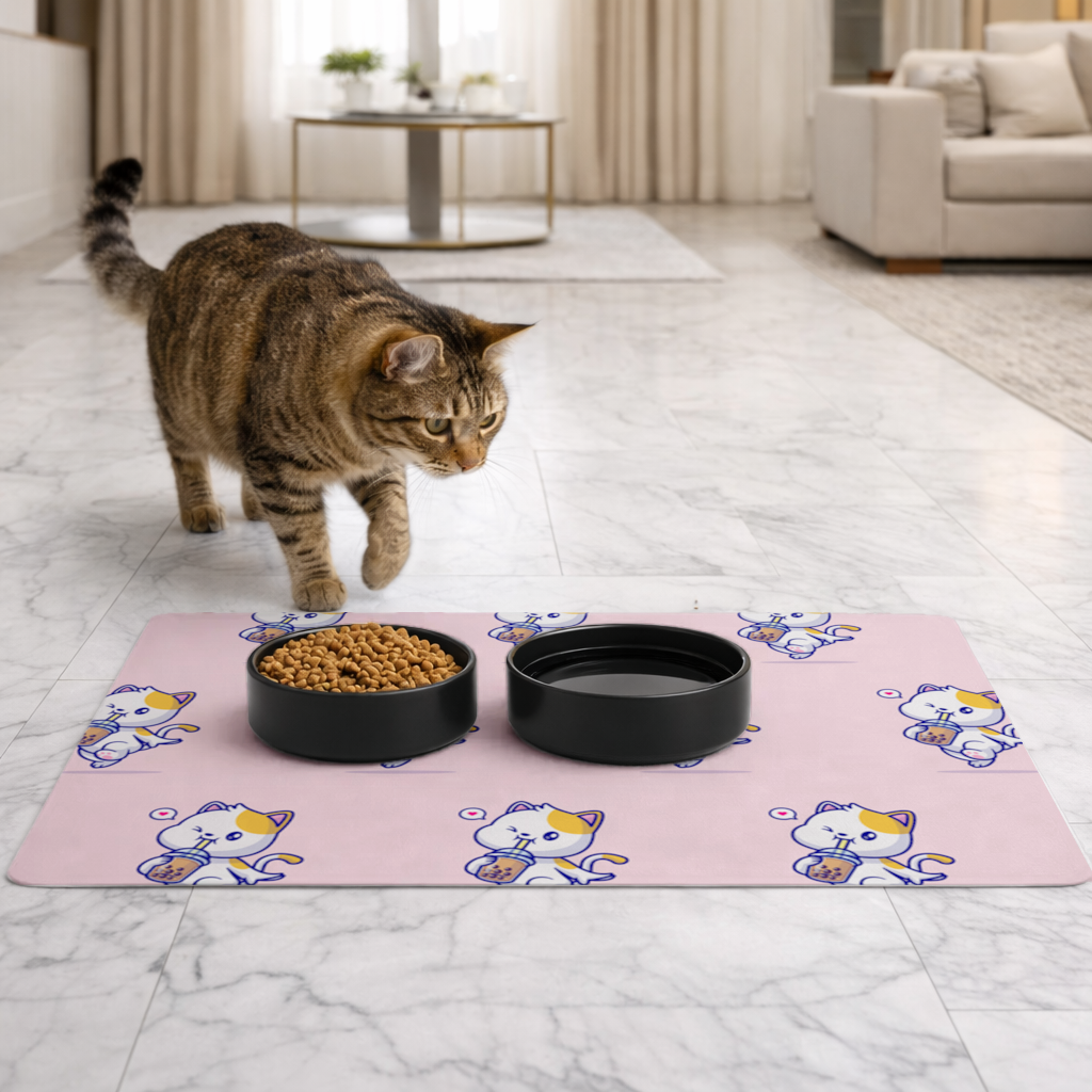 Kawaii Cat Drinking Boba Tea Pet Feeding Mat
