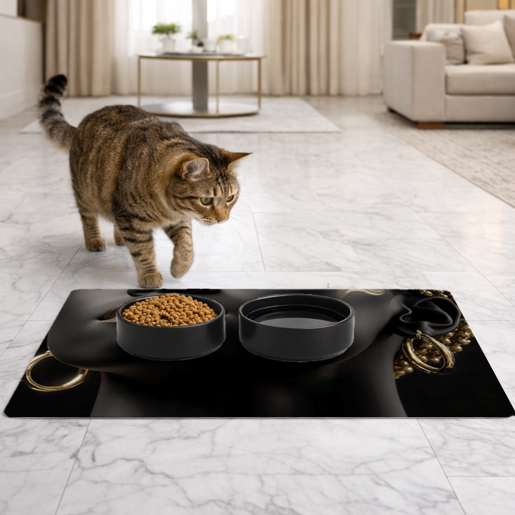 Gold Afrofuturistic Black Woman Pet Feeding Mat
