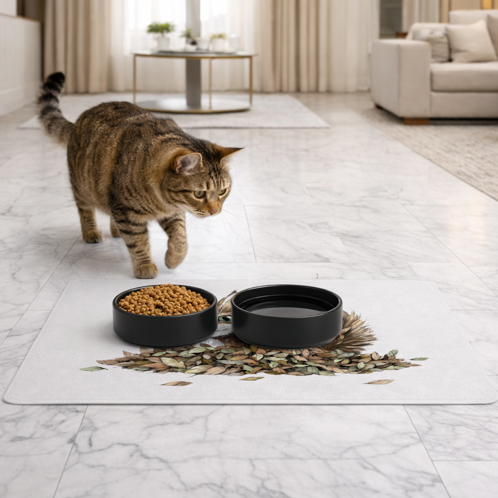 Cute Fluffy Kitten in Autumn Leaves Pet Feeding Mat