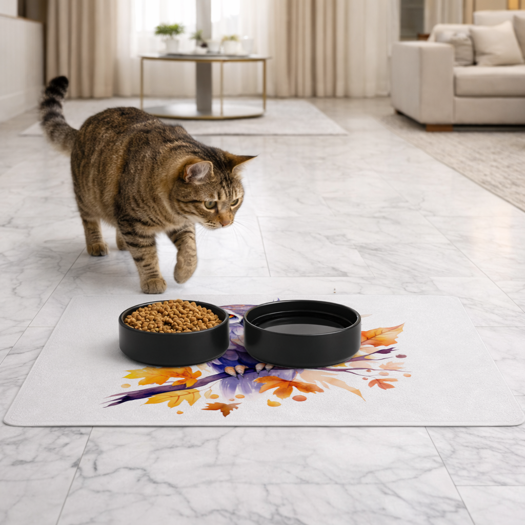 Whimsical Autumn Owl and Butterfly Pet Feeding Mat