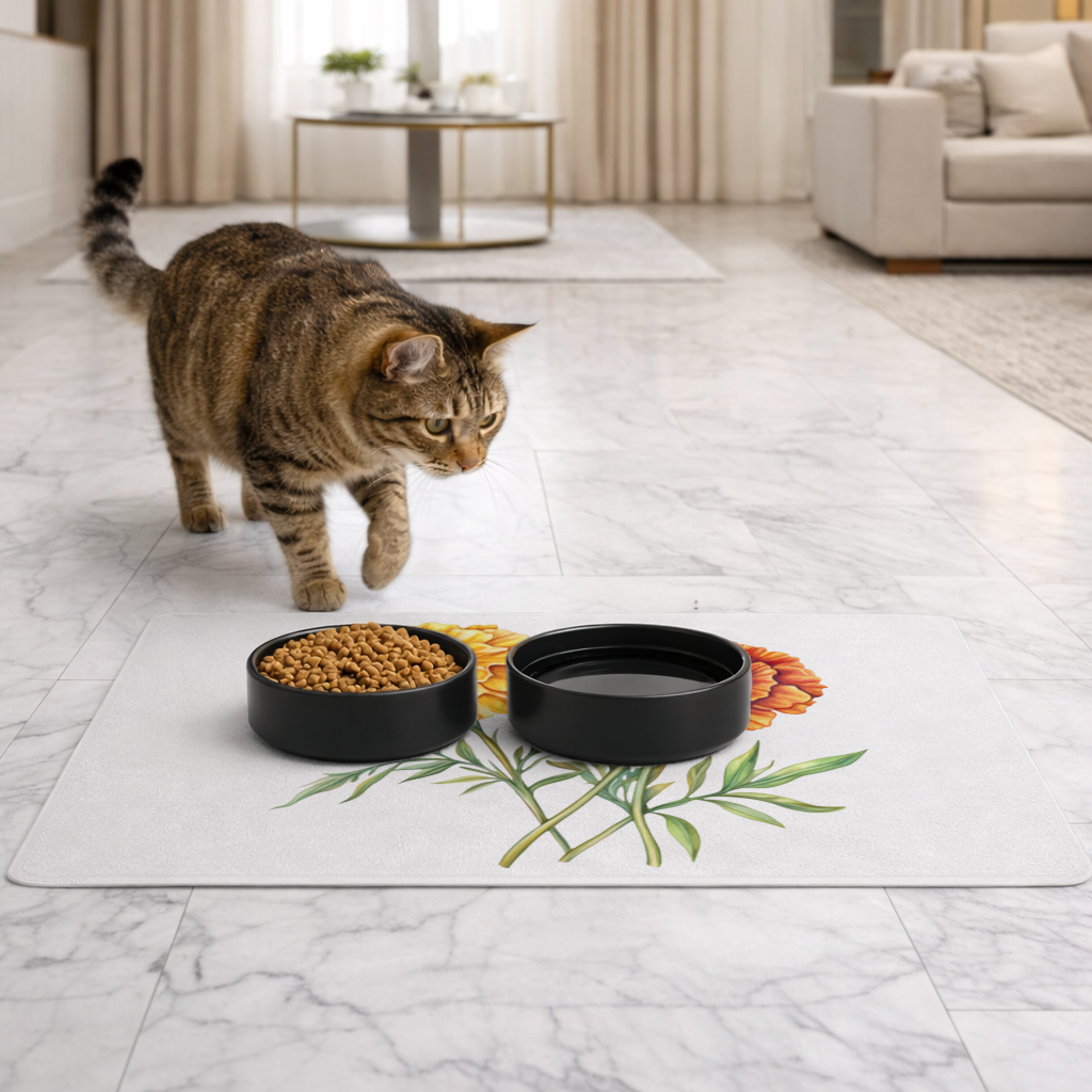 Botanical Yellow Orange Marigold Pet Feeding Mat