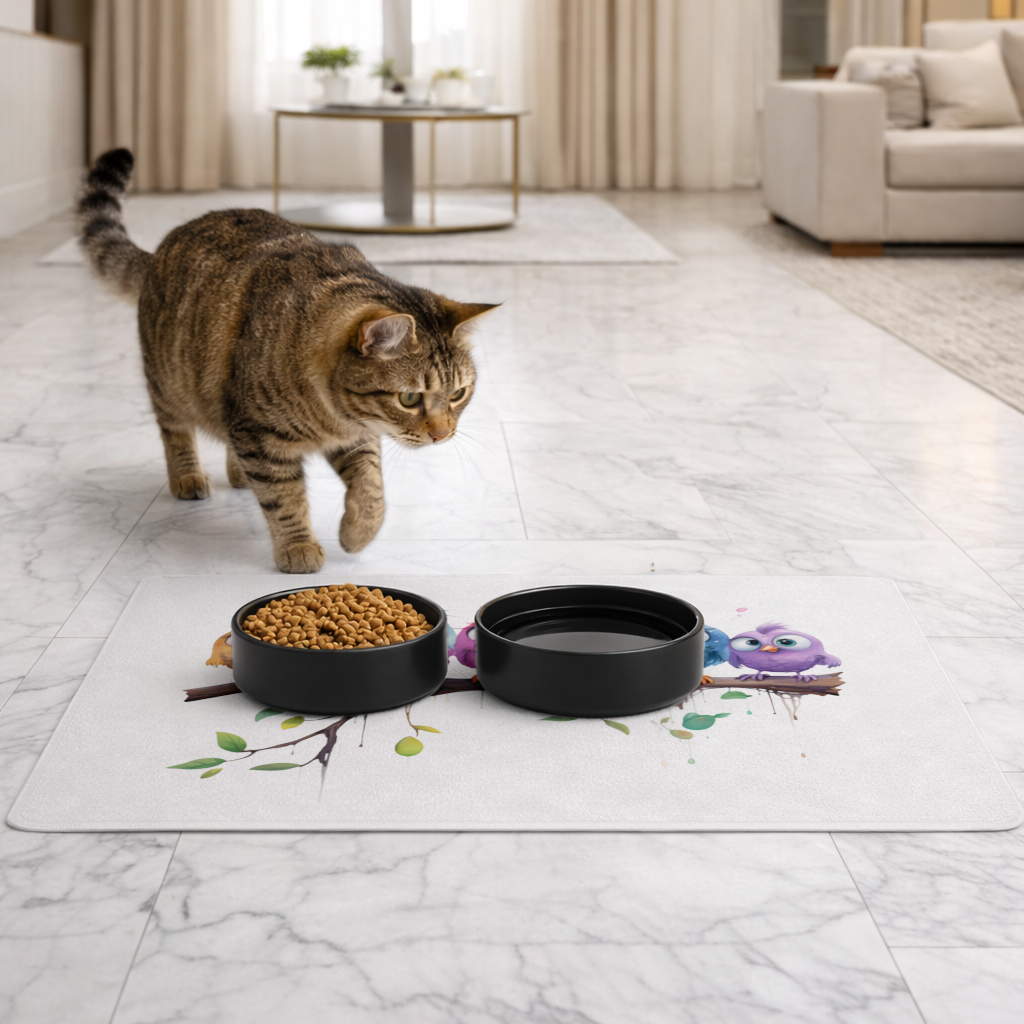 Five Colorful Kawaii Birds on Branch Pet Feeding Mat