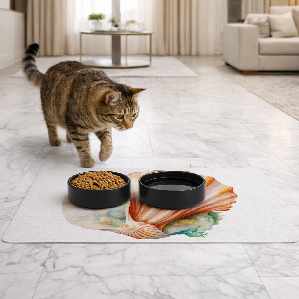 Iridescent Pearls in Orange Scallop Seashell Pet Feeding Mat