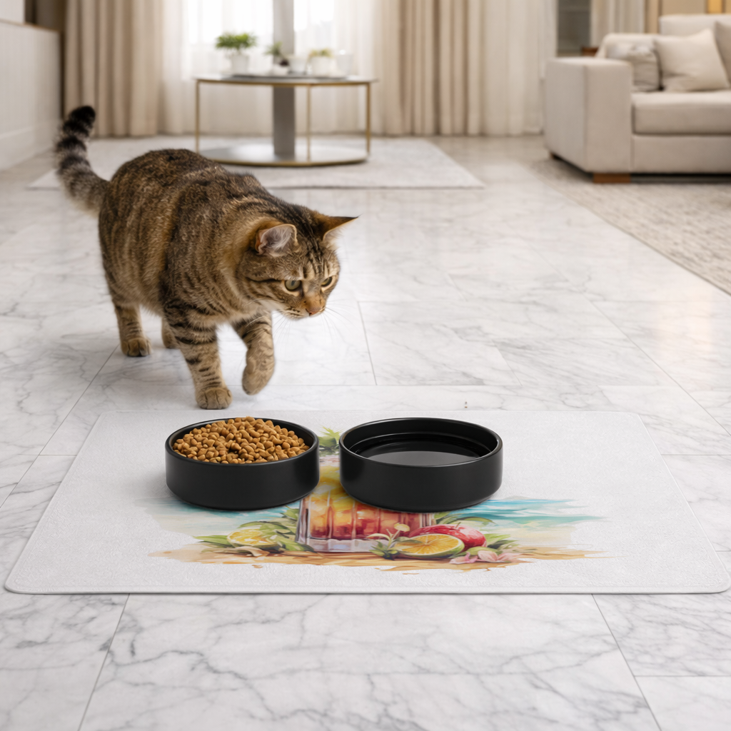 Tropical Island Beach Cocktail with Fruit Pet Feeding Mat