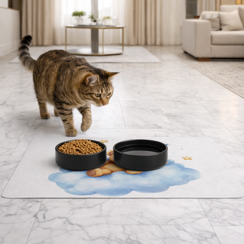Sleeping Teddy Bear on a Cloud Pet Feeding Mat