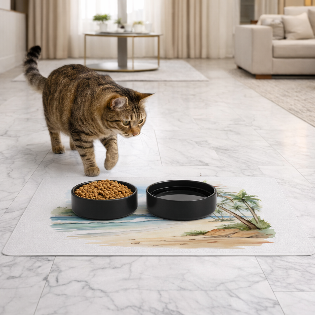 Tropical Palm Tree Beach Pet Feeding Mat