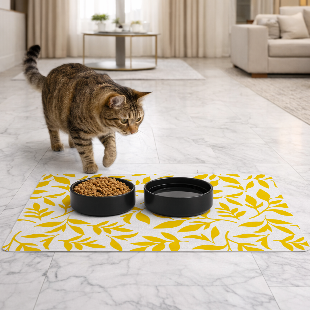 Mustard Yellow Botanical Leaves Pet Feeding Mat