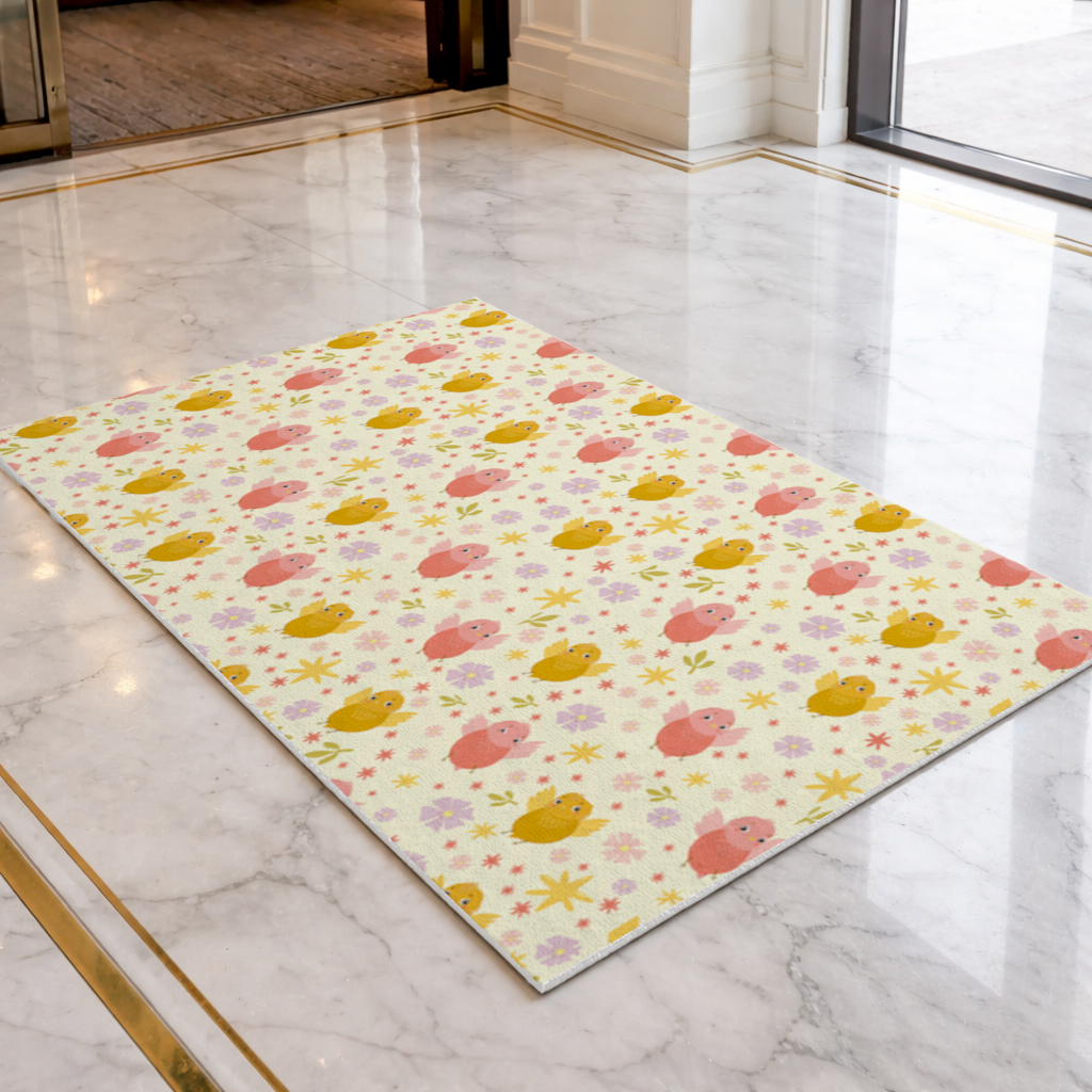 Cute Birds and Floral Pastel Spring Pattern Illustration Doormat