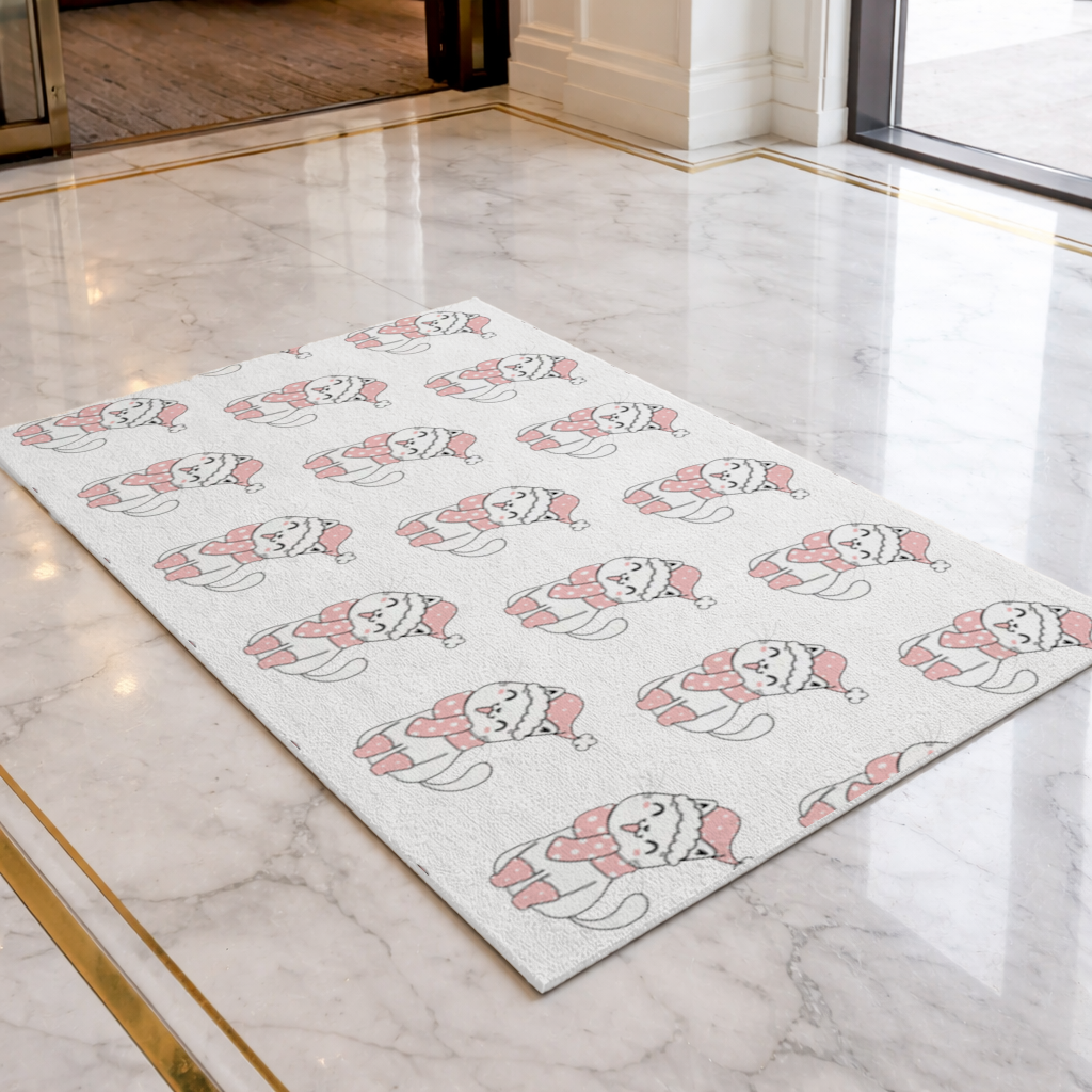 Cute Christmas Cat with Pink Polka Dot Outfit Doormat