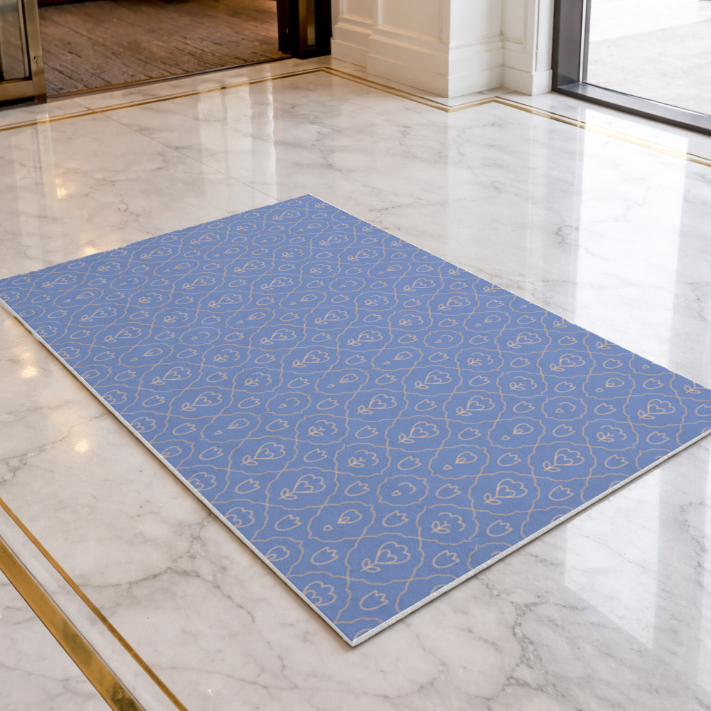 Orange Linear Floral Pattern on Blue Doormat