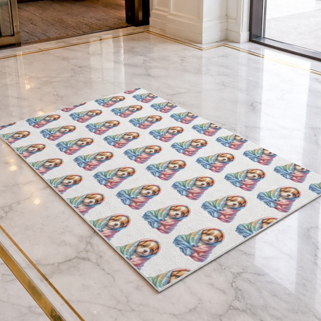 Cute Puppy Wrapped in Colorful Blanket Doormat