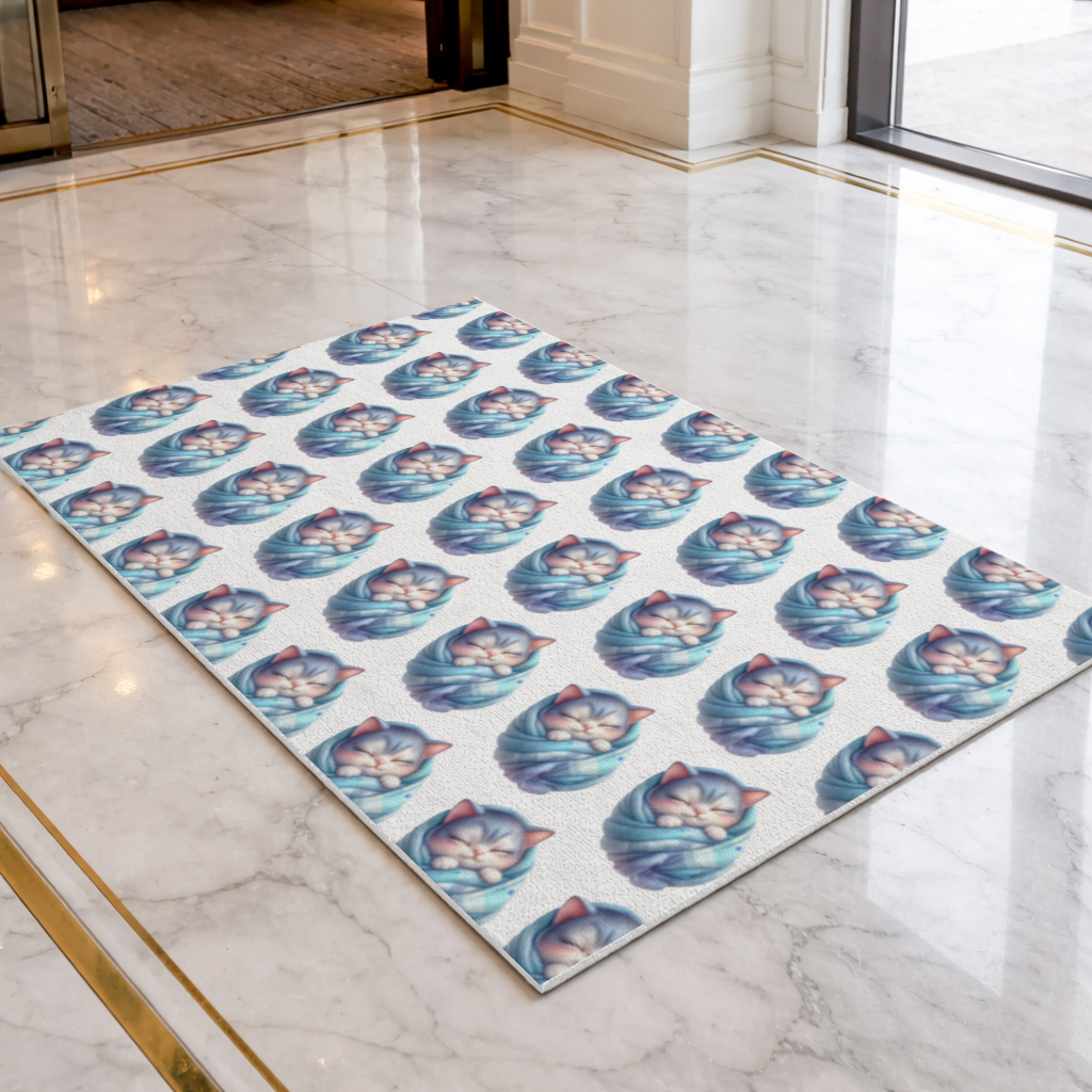 Kawaii Sleeping Kitten in Blue Swaddle Doormat
