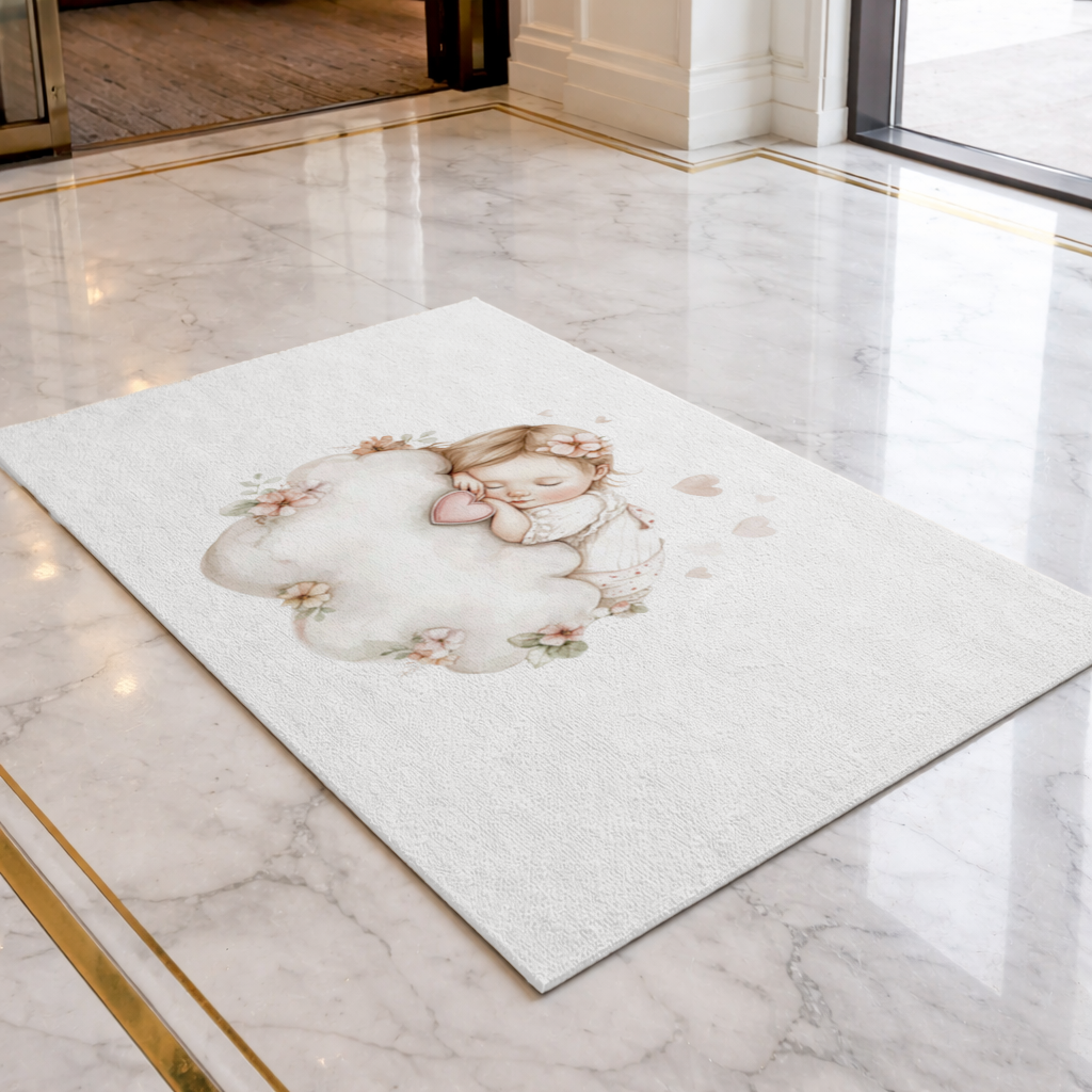 Sleeping Baby Girl on Floral Cloud Doormat