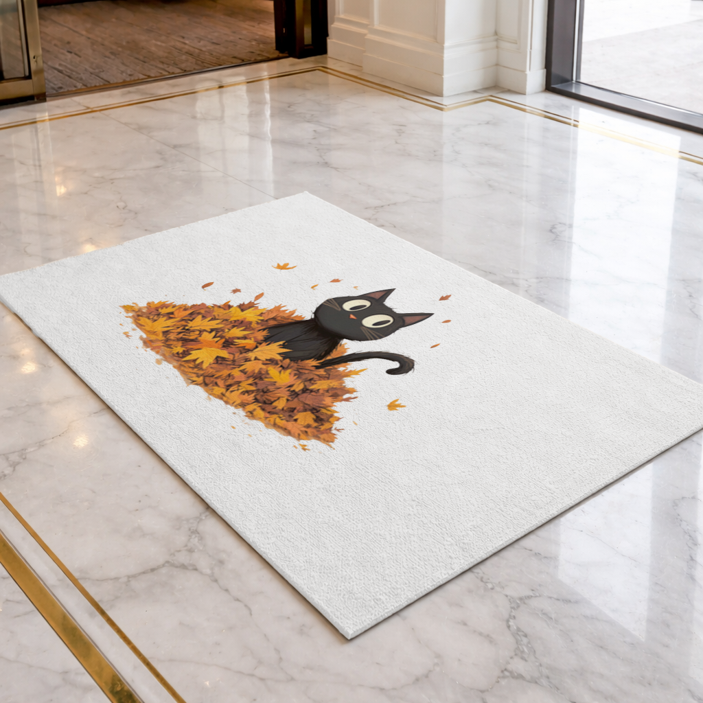 Cute Black Cat in Autumn Leaves Doormat
