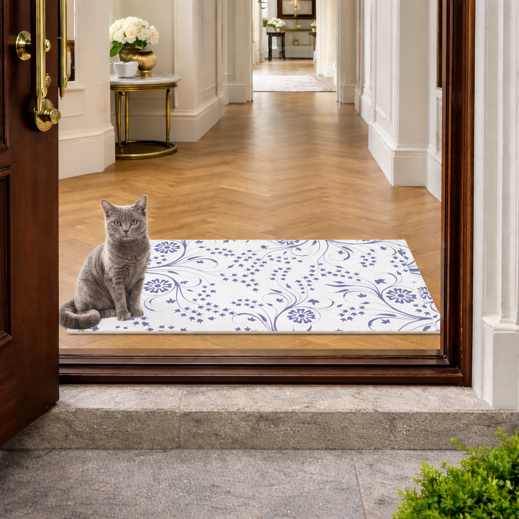 Mavi Beyaz Vintage Çiçek Deseni Kapı Önü Paspası