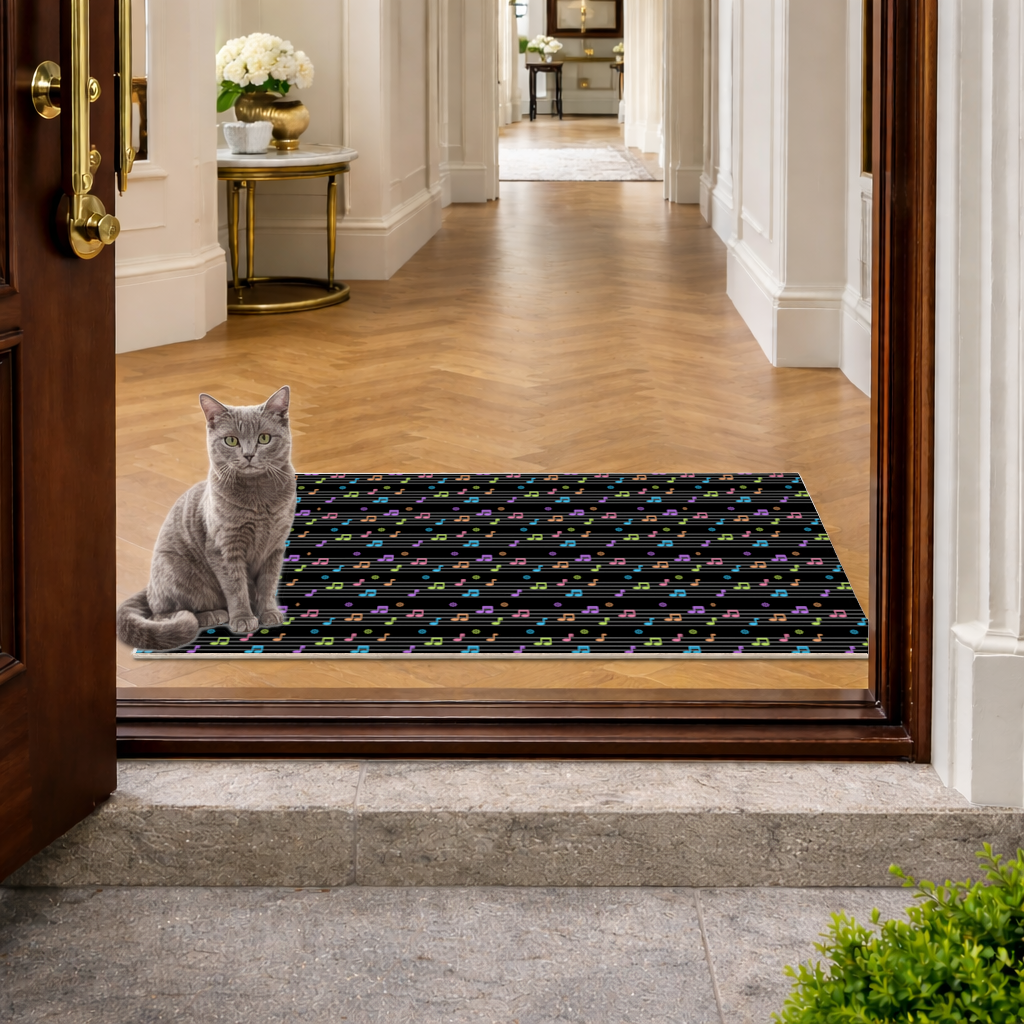 Vibrant Neon Music Notes and Rhythm Seamless Pattern Doormat