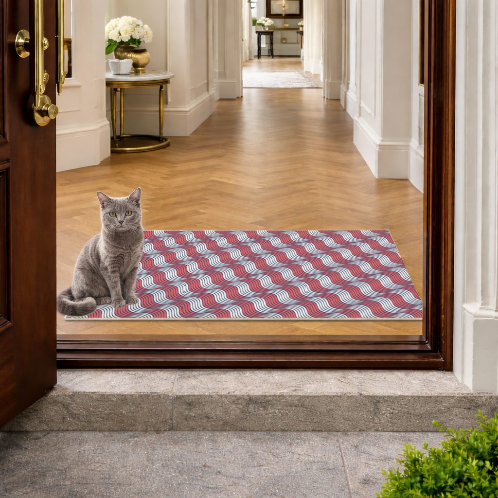 Red and Navy Wavy Line Pattern Doormat