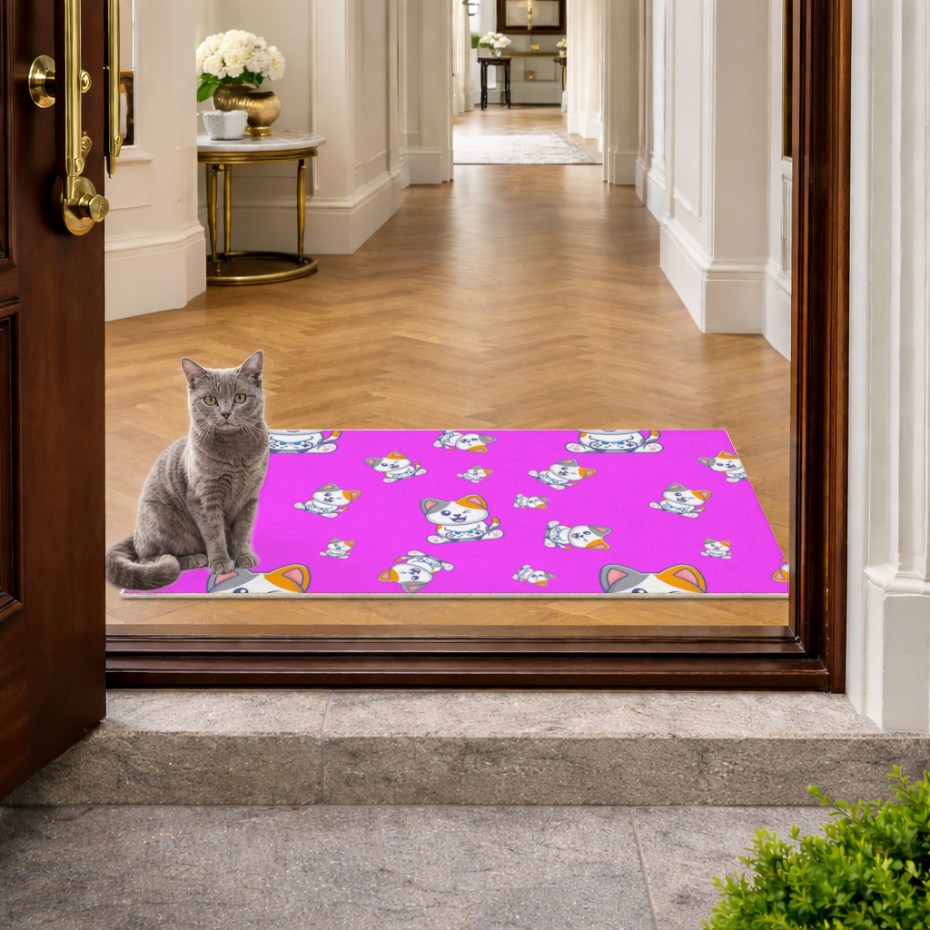 Pembe Zemin Üzerinde Sevimli Çizgi Kedi Deseni Kapı Önü Paspası