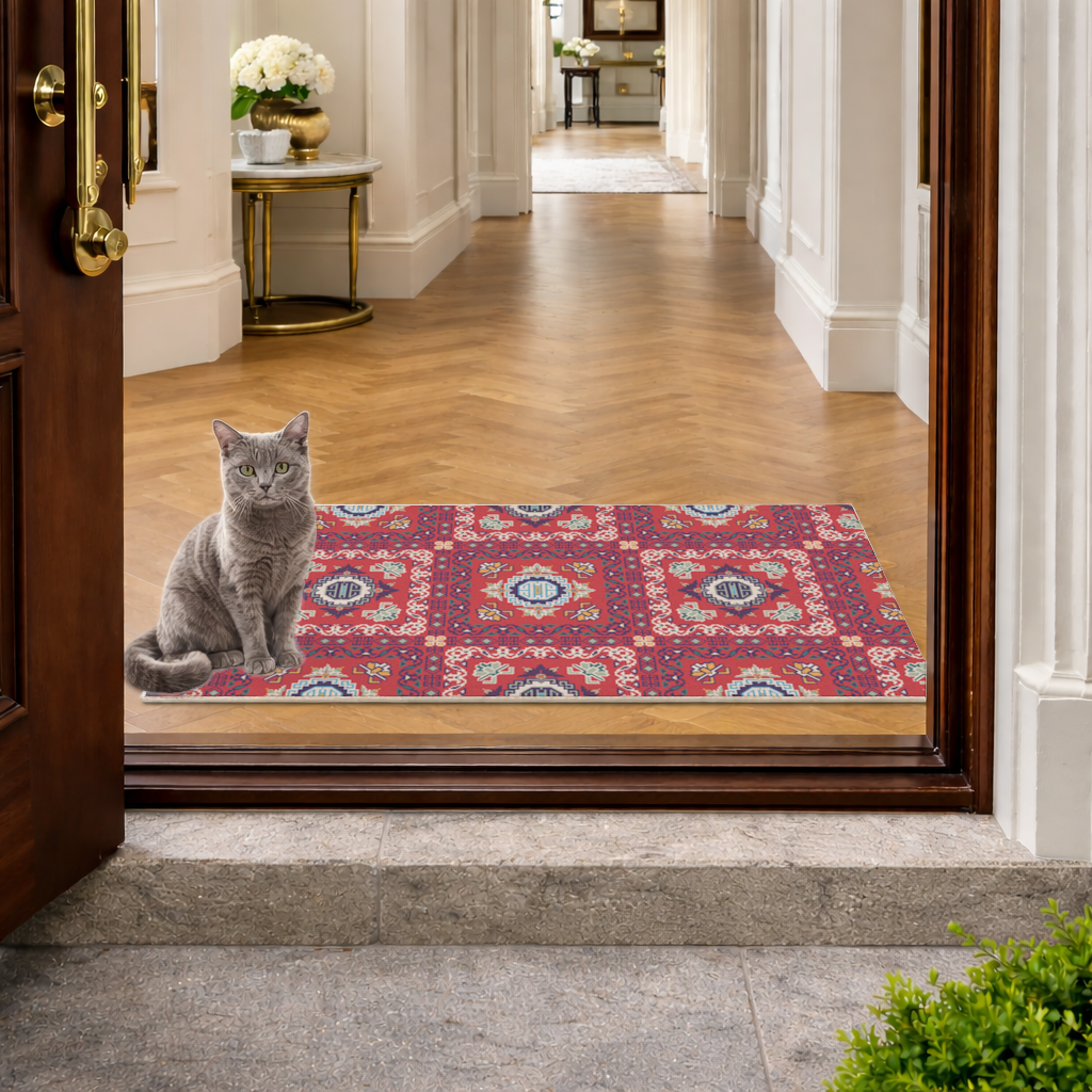 Traditional Kilim Inspired Red Ethnic Geometric Pattern Doormat