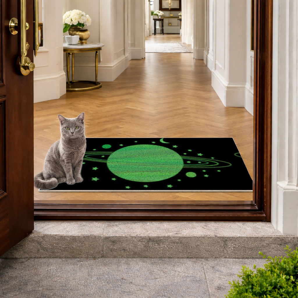 Green planets on a black background. Doormat