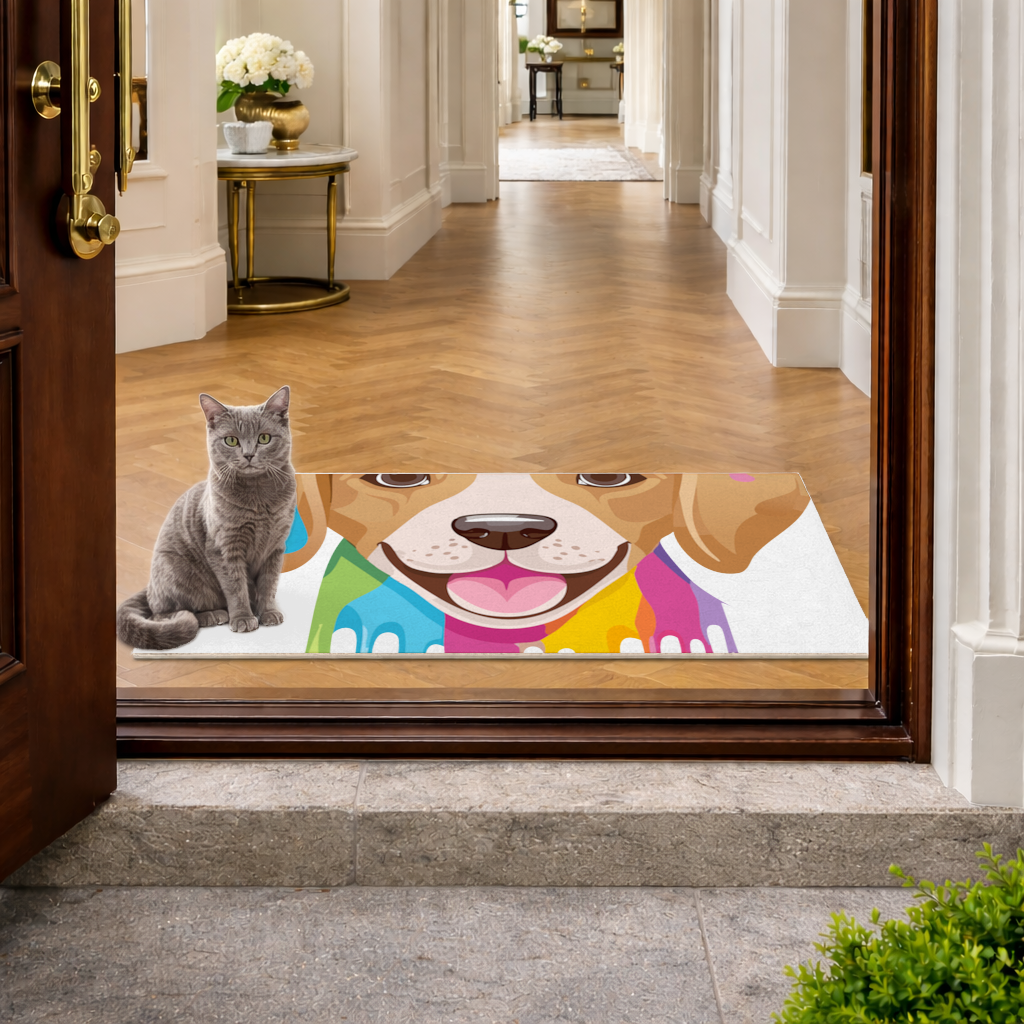 Happy Dog with Colorful Paint Drips Doormat