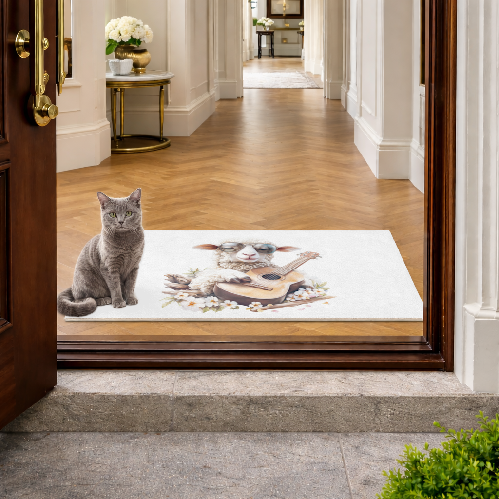 Cool Sheep Playing Ukulele with Flowers Doormat