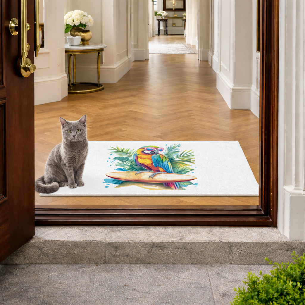 Surfing Parrot with Pink Sunglasses Doormat