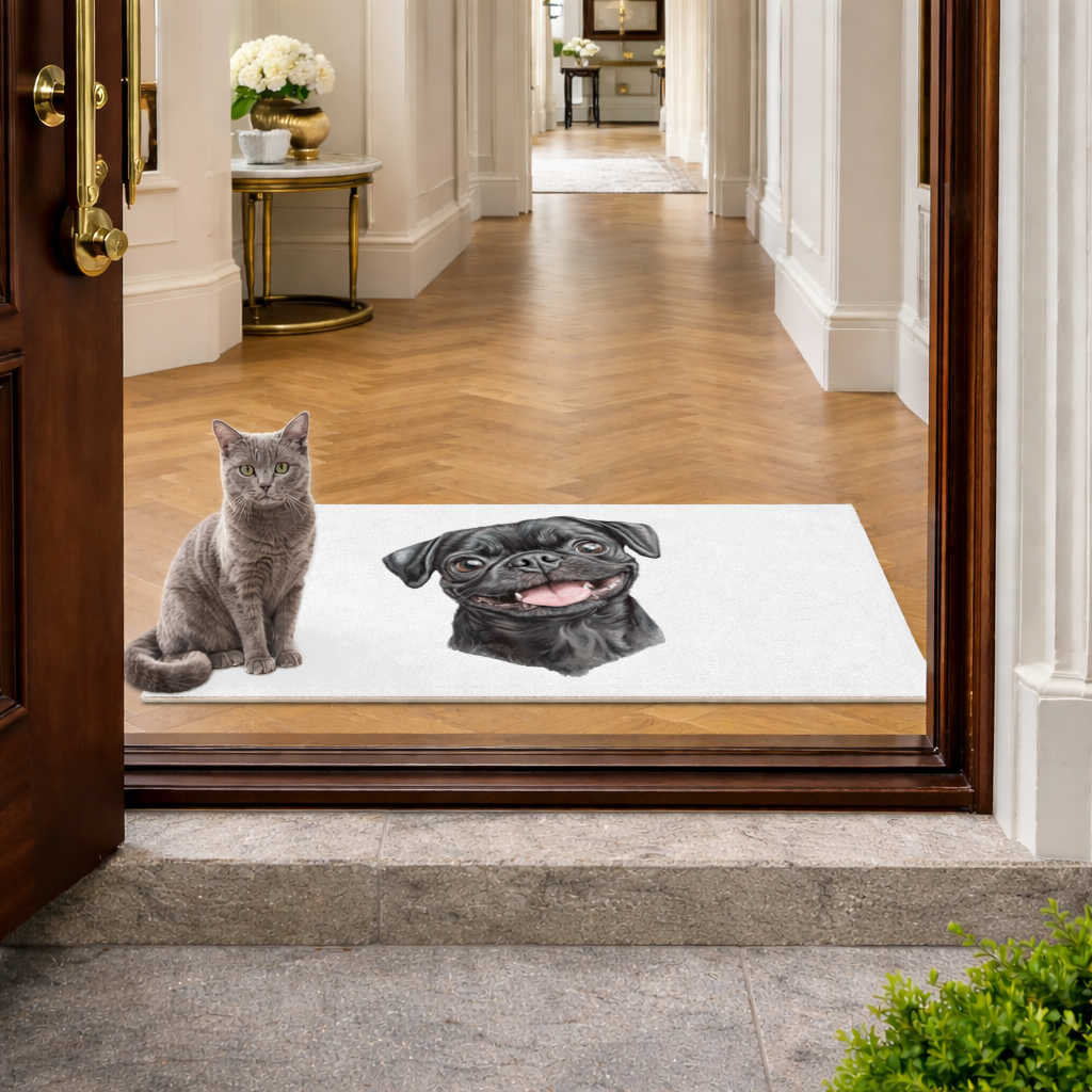 Happy Black Pug Face Doormat