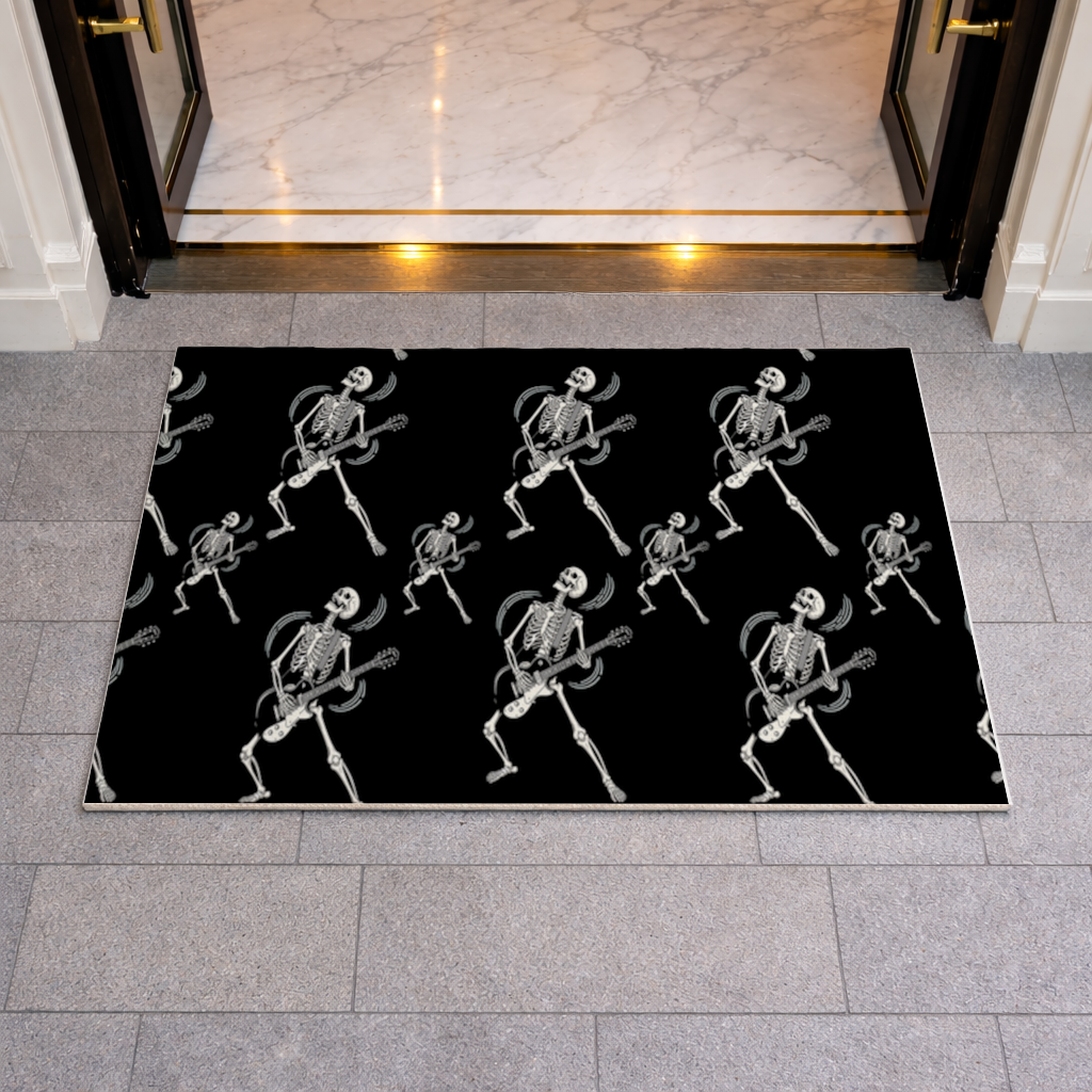 Rock Guitar Playing Skeleton Pattern on Black Doormat