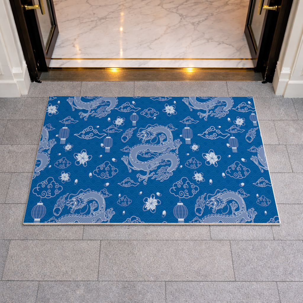 Traditional Dragon Pattern on Blue Background Doormat