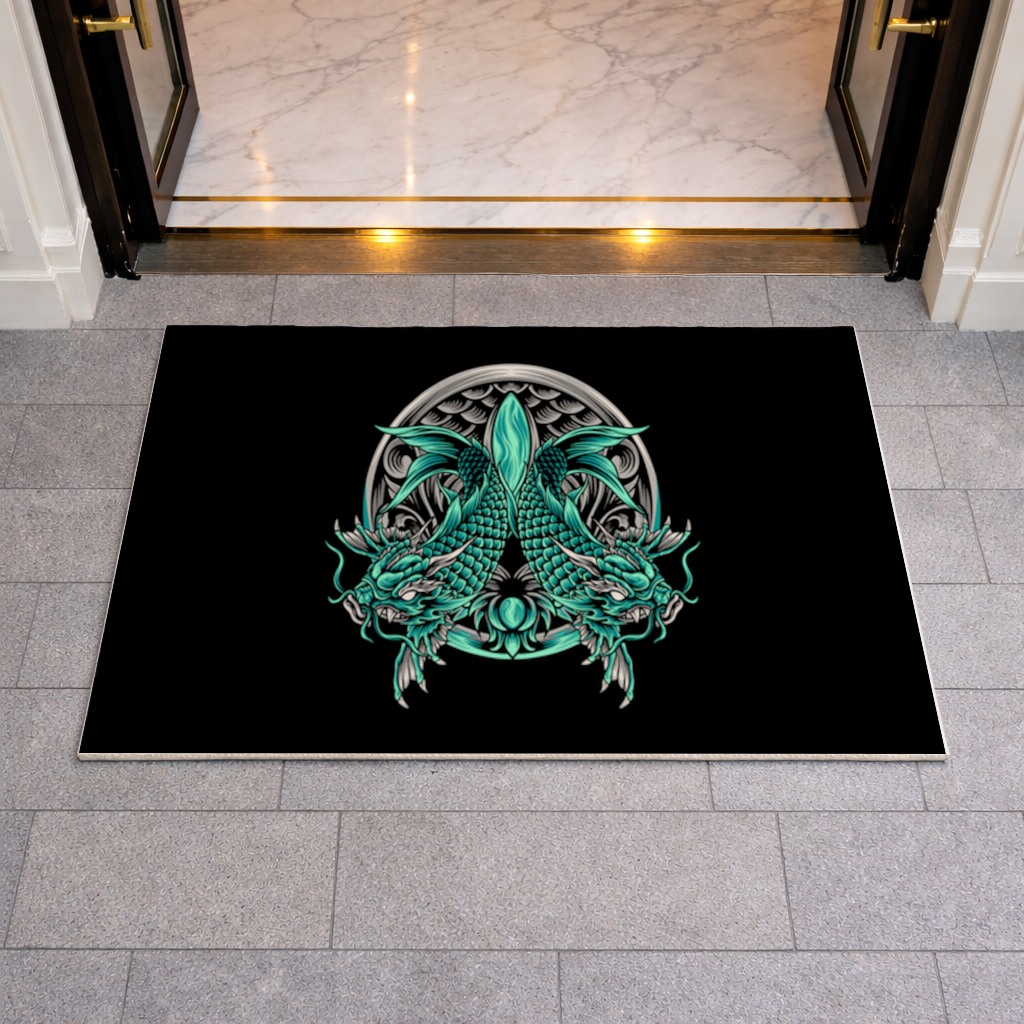 Turquoise Twin Dragon Emblem Design Doormat